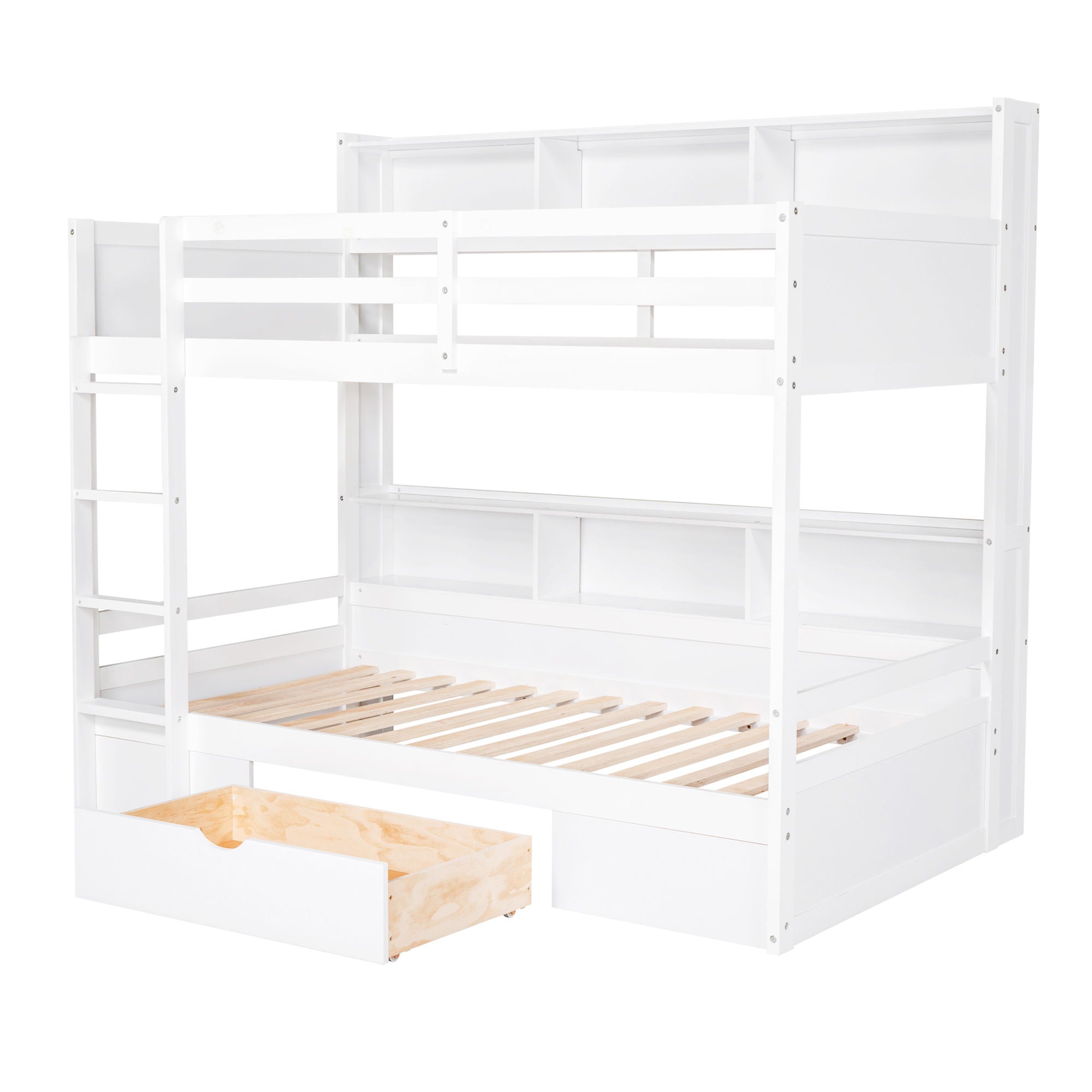 Twin Size Bunk Bed With Built-In Shelves Beside Both Upper And Down Bed And Storage Drawer by HouseOfZazla