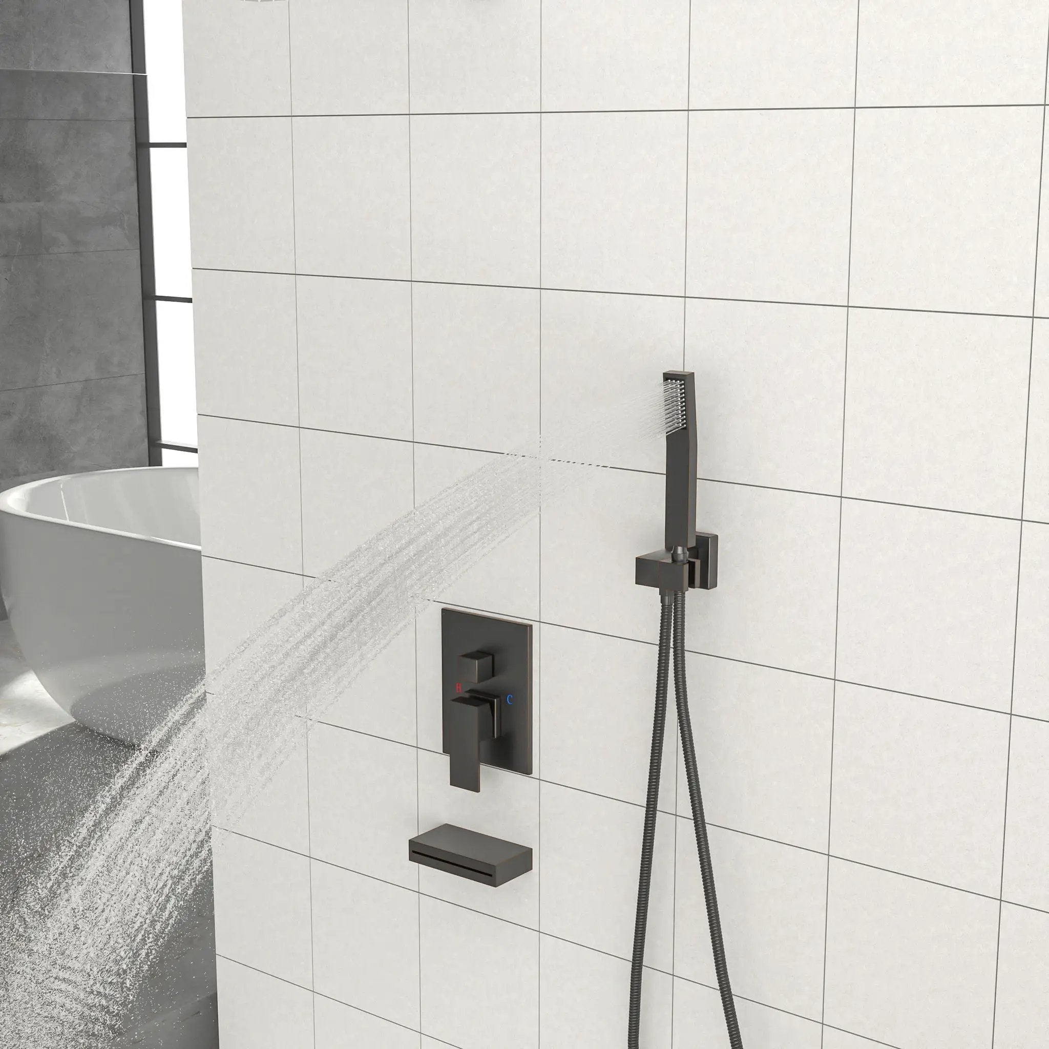 Square Shower System With Waterfall Tub Spout And Rough In Valve, Wall Mounted by HouseOfZazla