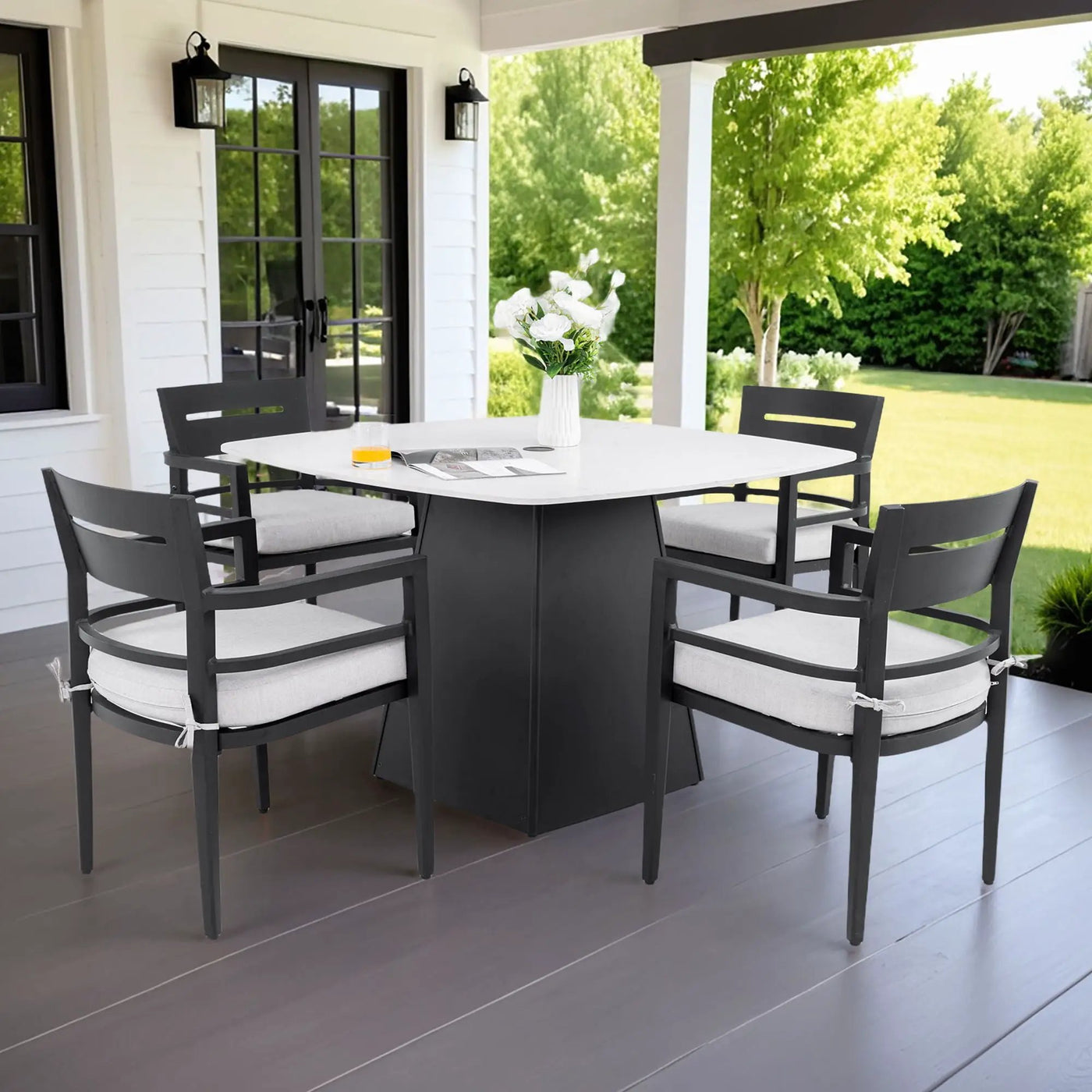 Outdoor Patio Dining Set, Squircle Dining Table, Dining Chairs With Sunbrella Cushions by HouseOfZazla