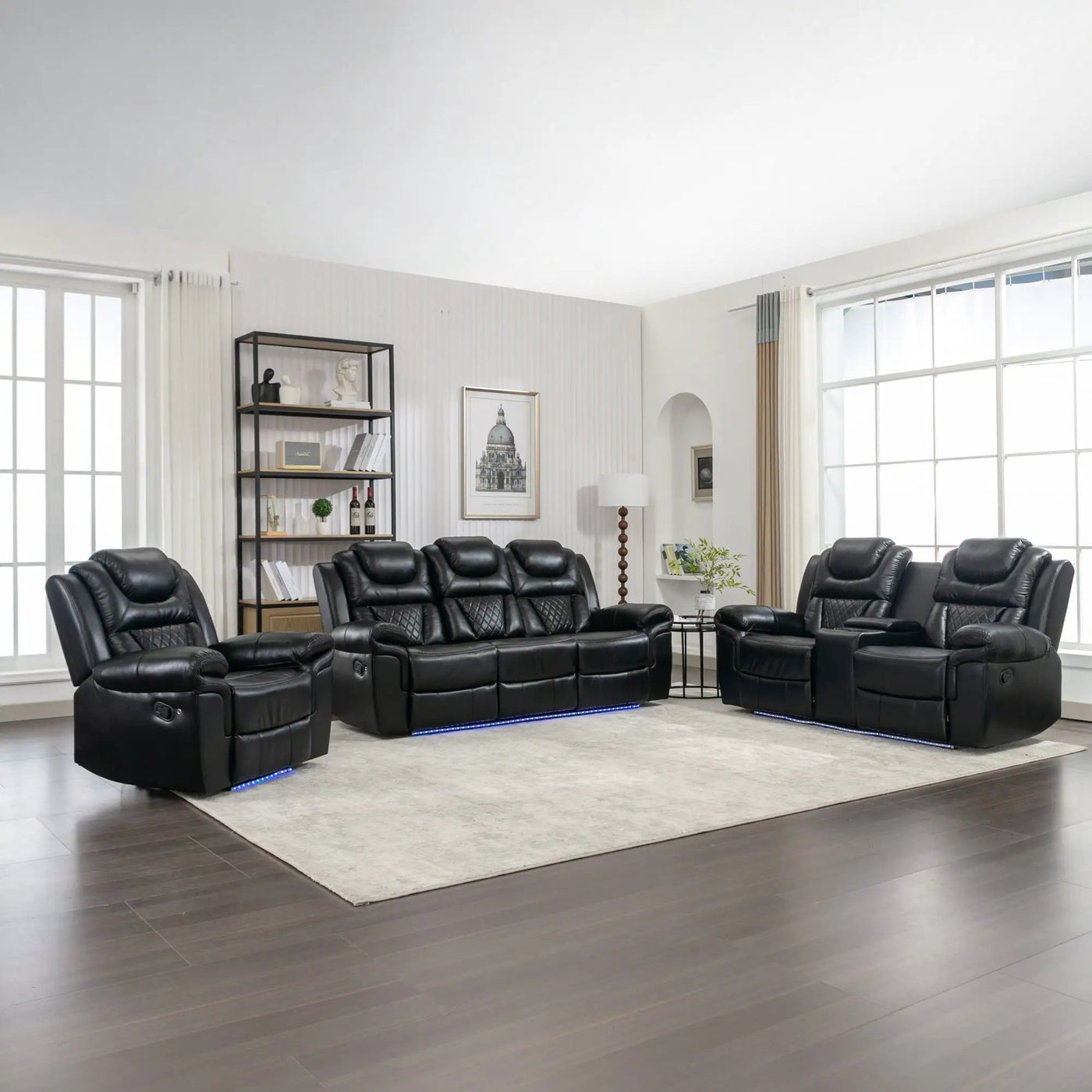 3 Pieces Recliner Sofa Sets Home Theater Seating Manual Recliner Chair With Center Console And LED Light Strip For Living Room by Unique Piece Furniture
