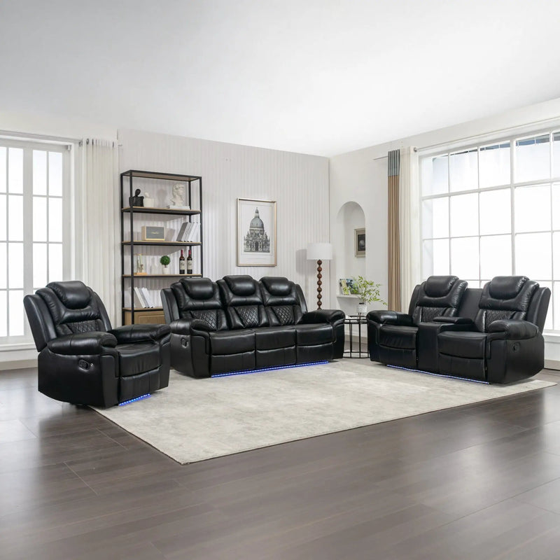 3 Pieces Recliner Sofa Sets Home Theater Seating Manual Recliner Chair With Center Console And LED Light Strip For Living Room by Unique Piece Furniture
