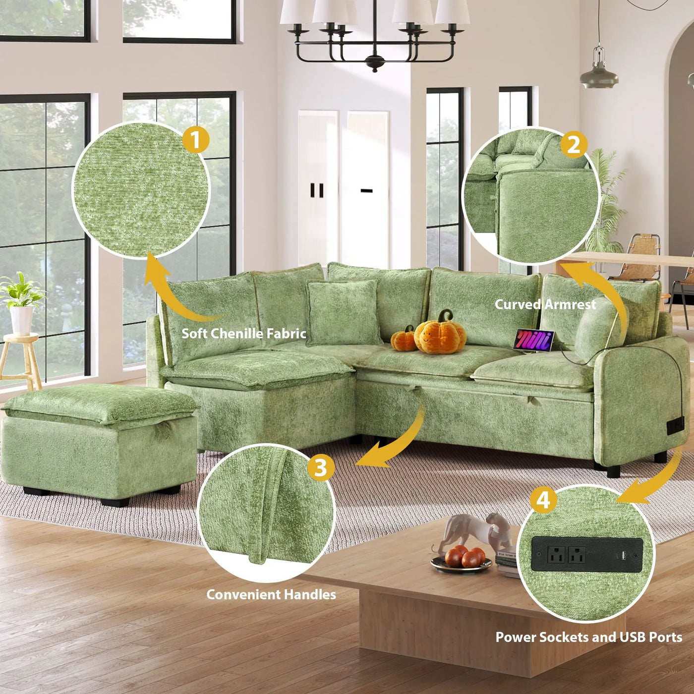 Convertible Sofa Bed Sectional Sofa Sleeper L-Shaped Sofa With A Storage Ottoman, Two Pillows, Two Power Sockets And Two USB Ports For Living Room by HouseOfZazla
