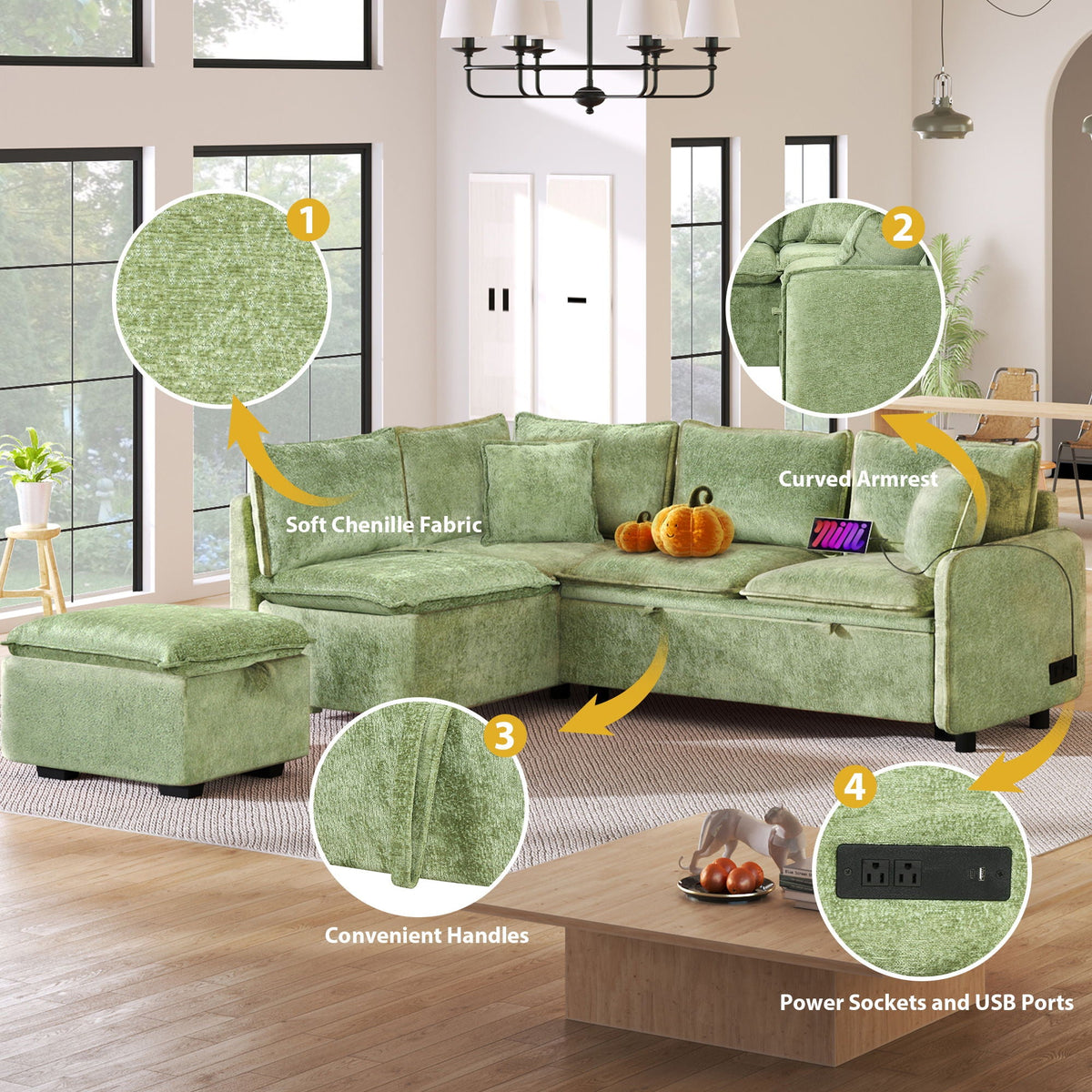 Convertible Sofa Bed Sectional with Storage Ottoman and Charging Ports - Green or Orange, photo 36 of 40