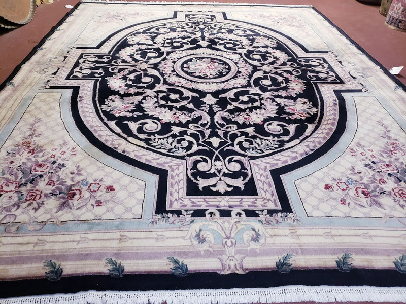8x10 Aubusson Rug, Fine Hand Knotted Wool Carpet, French European Design, Black & Ivory by Jewel Rugs