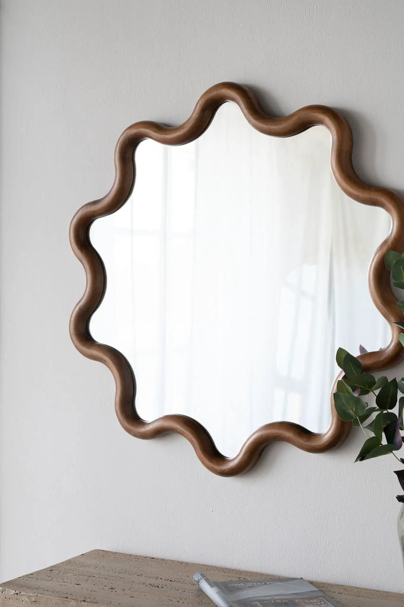 Wooden Accent Mirror With Unique Frame, Wall Mirror For Living Room Bedroom Entryway - Brown by HouseOfZazla