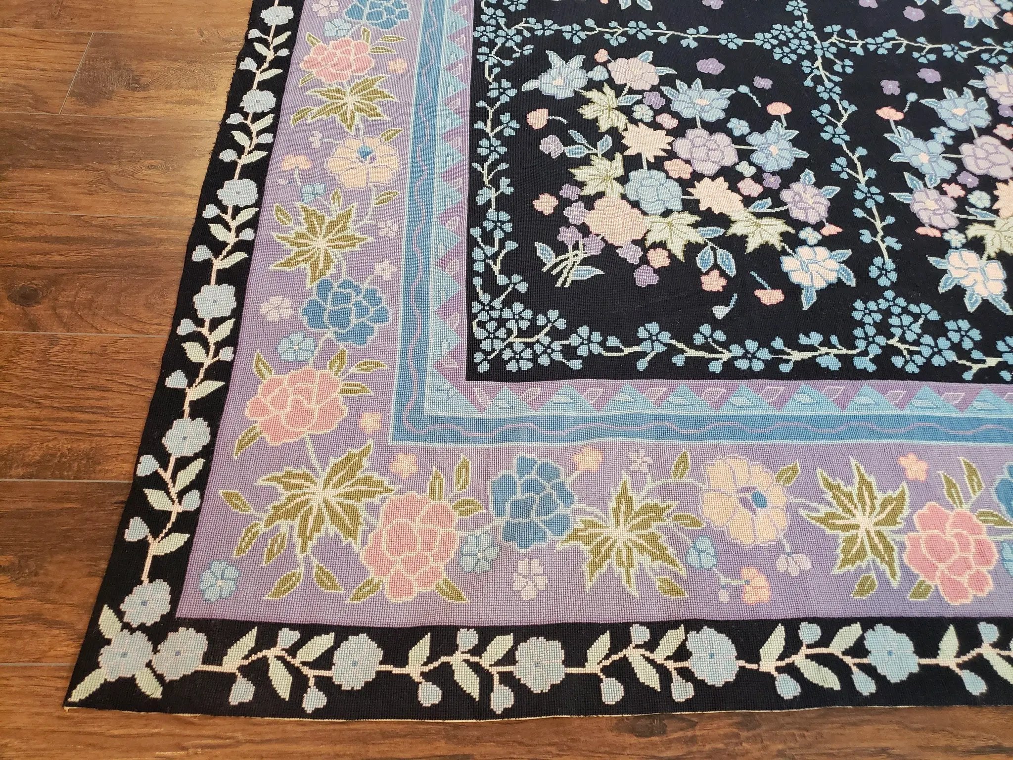 Chinese Needlepoint Rug 8 x 11.4, Hand-Woven Area Carpet, Flatweave Rug, Black Blue Light Violet Floral Garden European Design Wool Aubusson by Jewel Rugs