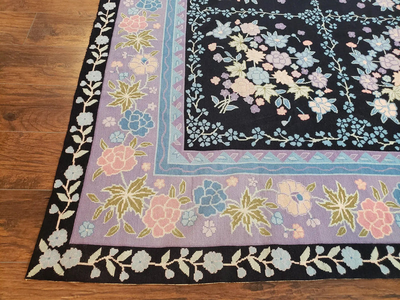 Chinese Needlepoint Rug 8 x 11.4, Hand-Woven Area Carpet, Flatweave Rug, Black Blue Light Violet Floral Garden European Design Wool Aubusson by Jewel Rugs