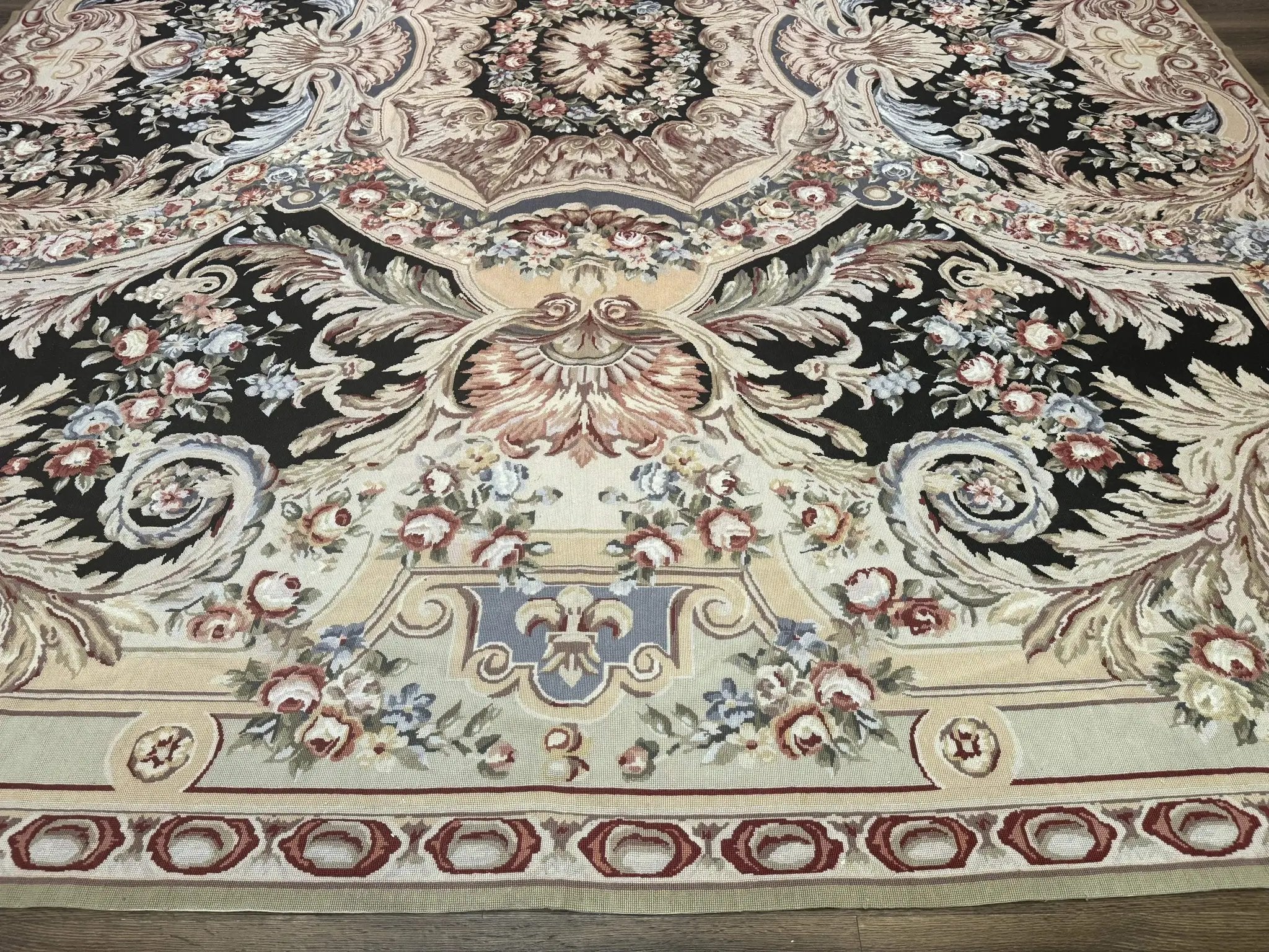 Wonderful Needlepoint Rug 10x14, Large Aubusson Carpet, Floral, Elegant, European Design by Jewel Rugs