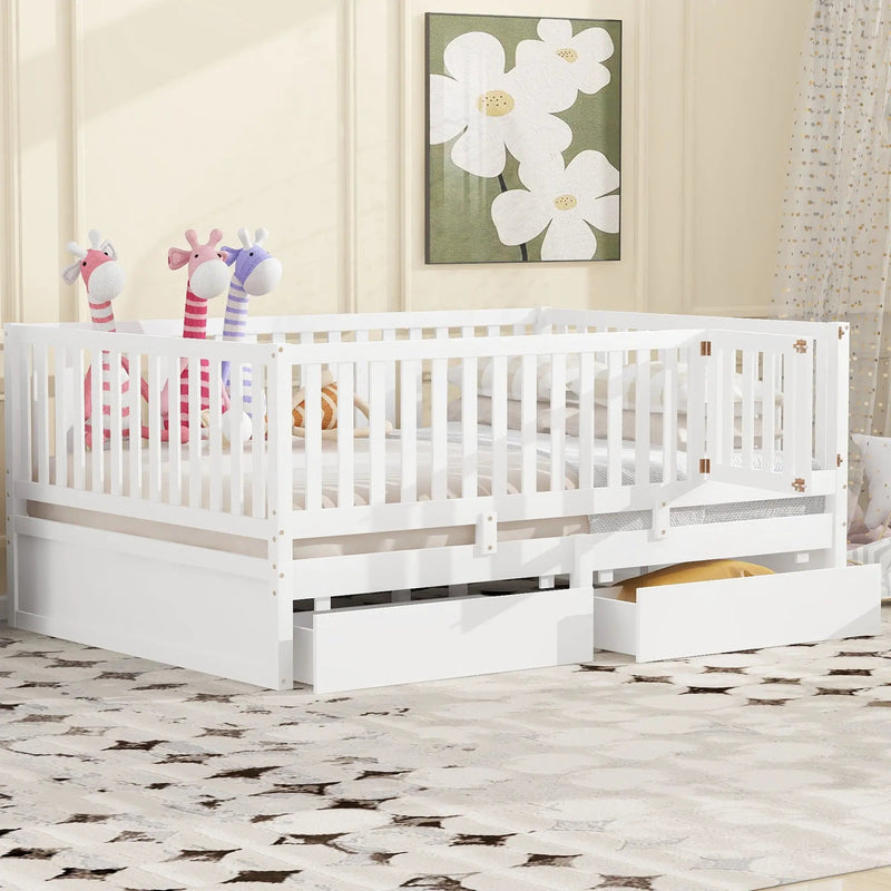 Daybed With Fence Guardrails And 2 Drawers, Split Into Independent Floor Bed & Daybed by HouseOfZazla