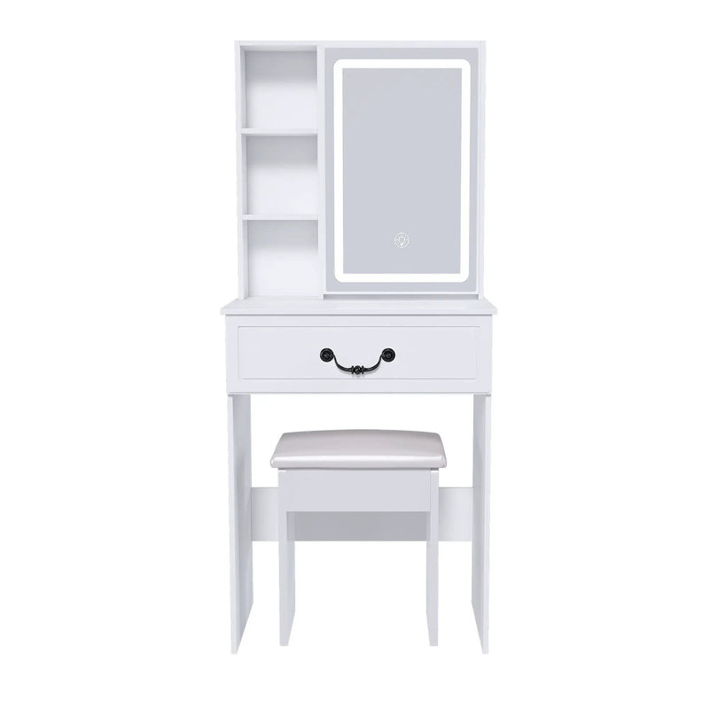 Modern Mini Dressing Table With Led-Lit Mirror & Hidden Storage, Adjustable Brightness Vanity Desk - White by Unique Piece Furniture