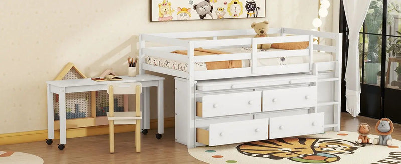 Loft Bed With Retractable Writing Desk And 4 Drawers, With Lateral Portable Desk And Shelves by HouseOfZazla