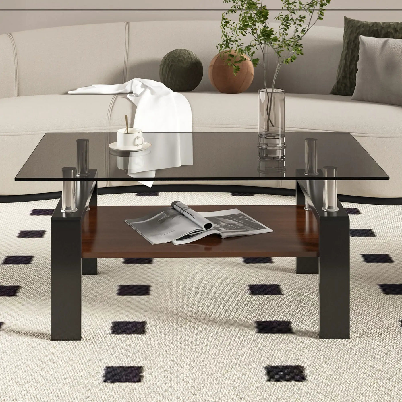Modern Rectangular Coffee Table With Tempered Transparent Glass Top And Storage Shelf by HouseOfZazla