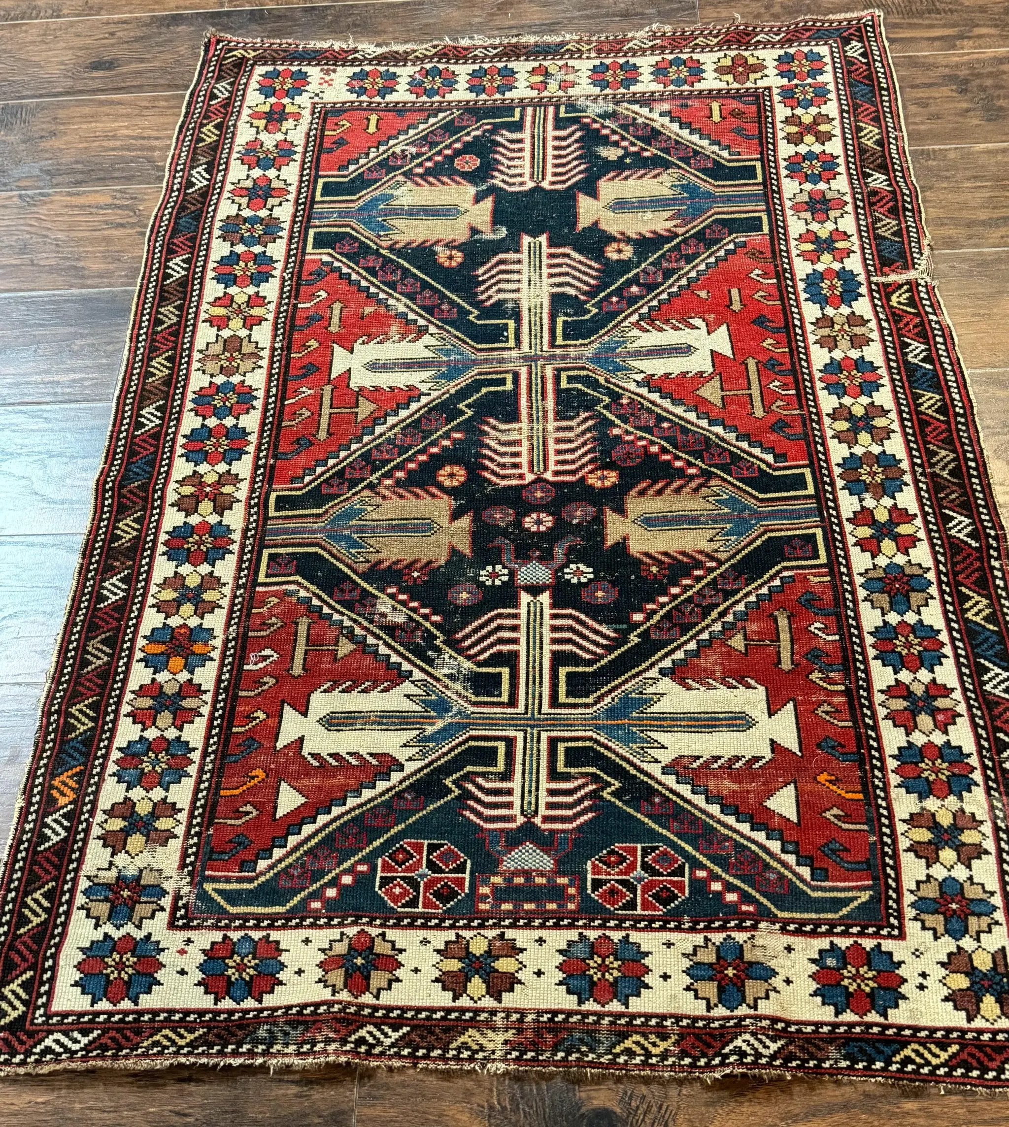 Antique Shirvan Caucasian Rug 3x5, Geometric Pattern, Red Navy Blue Beige by Jewel Rugs