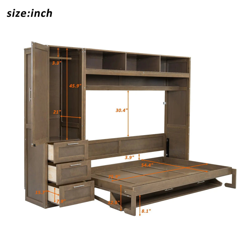 Full Size Murphy Bed With Wardrobe, Drawers, And Open Shelves - Wood by HouseOfZazla
