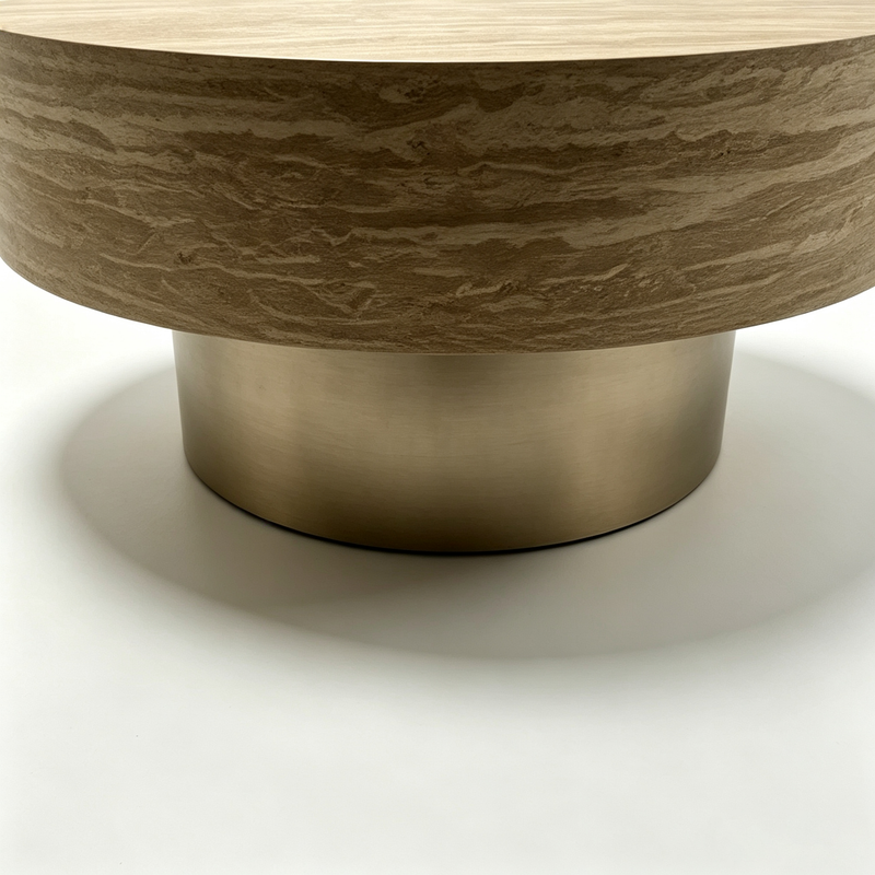 31.88 Inch Round Travertine Coffee Table with MDF Base - Beige, photo 10 of 10