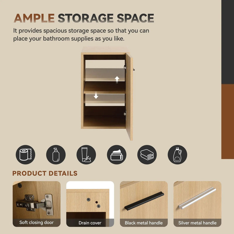 Floating Bathroom Vanity Single Door Base Cabinet, Wall Mounted Storage - Light Oak by HouseOfZazla