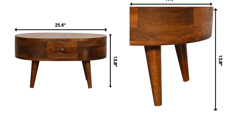 Solid Wood Mini Chestnut Rounded Coffee Table, 2-Drawers by HouseOfZazla