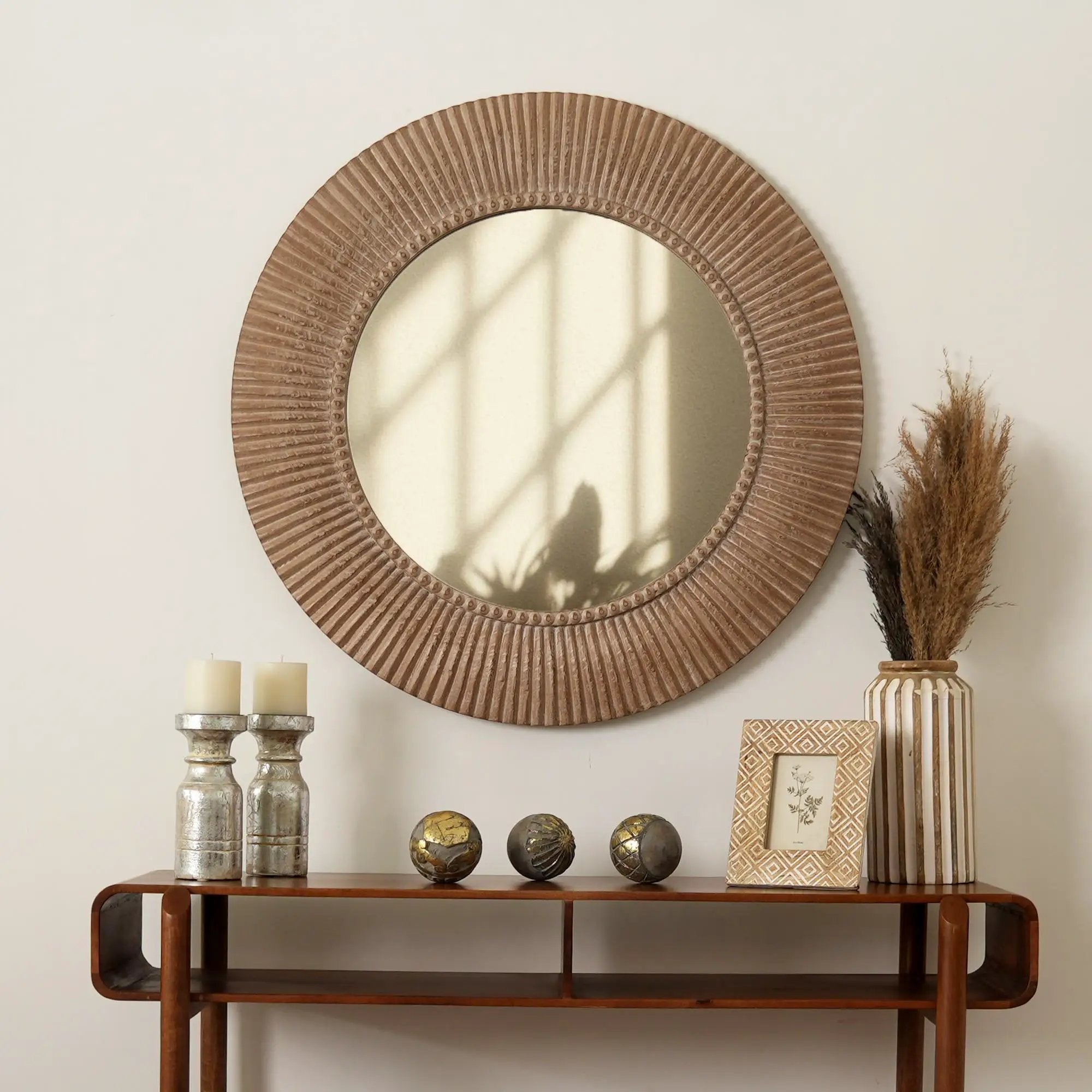 Handcarved Decorative Hanging Wall Mirror - Antique Brown / White by Unique Piece Furniture