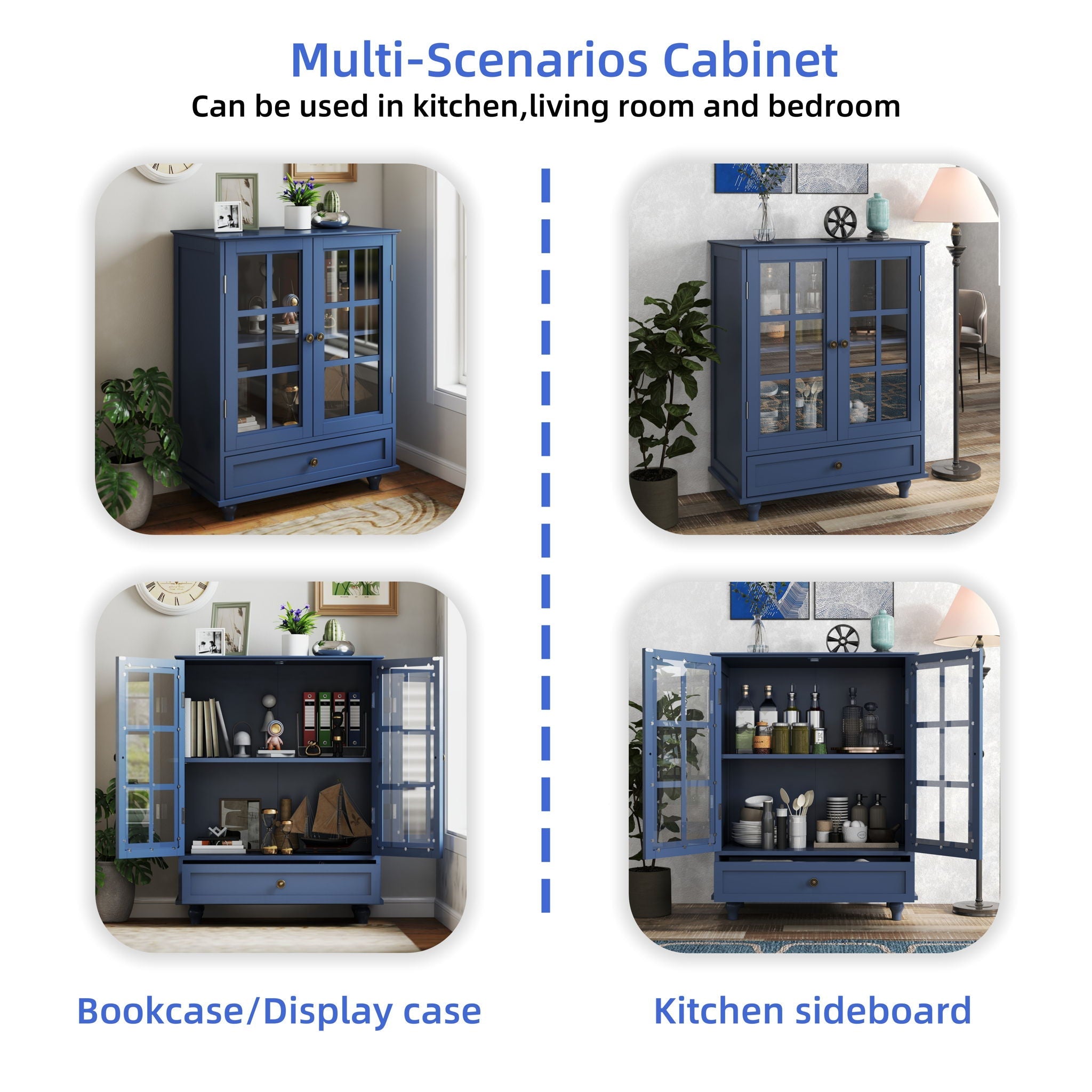 Minimalist Buffet Cabinet With Double Glass Doors And Drawer