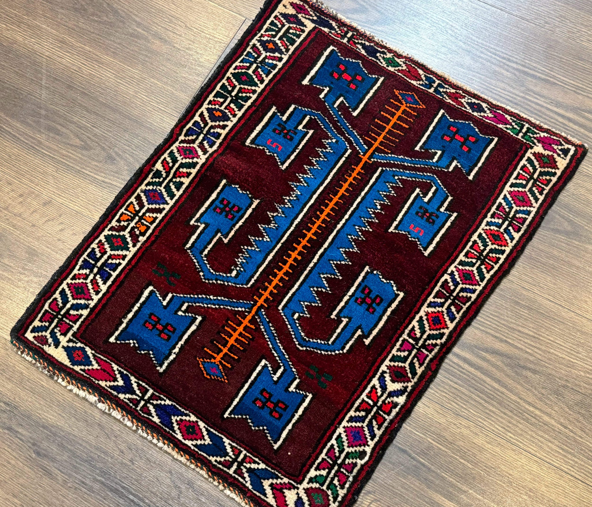 Persian Tribal Rug 1.8 x 2, Small Balouchi Rug, Unique Design, Burgundy and Blue by Jewel Rugs