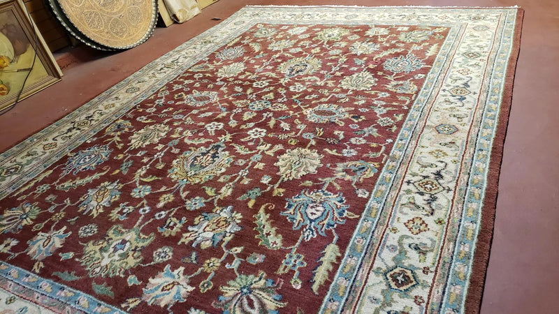 8x12 Indo-Mahal Rug, Floral Allover, Red & Beige, Wool Vintage Handmade Traditional Carpet by Jewel Rugs