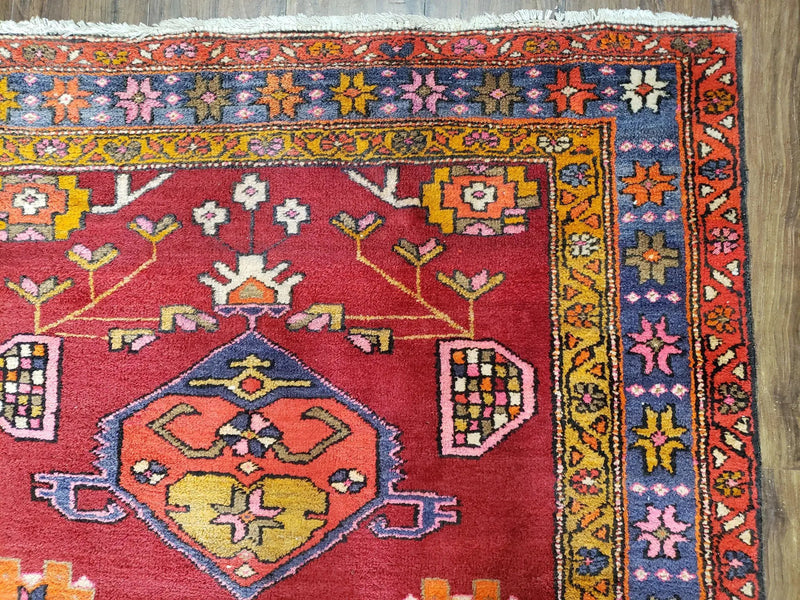 Antique Persian Karajeh Runner Rug 4.4 x 11 ft, Red Colorful Geometric Medallion Runner by Jewel Rugs