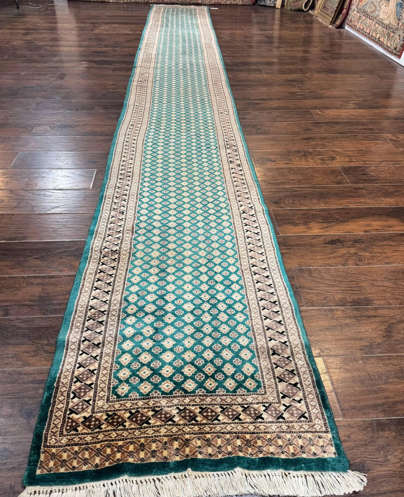 Long Pakistani Runner Rug 2.8 x 20, Hand Knotted Vintage Wool Hallway Rug, Turkoman Rug, Teal and Tan, Handmade Vintage Wool Runner by Jewel Rugs