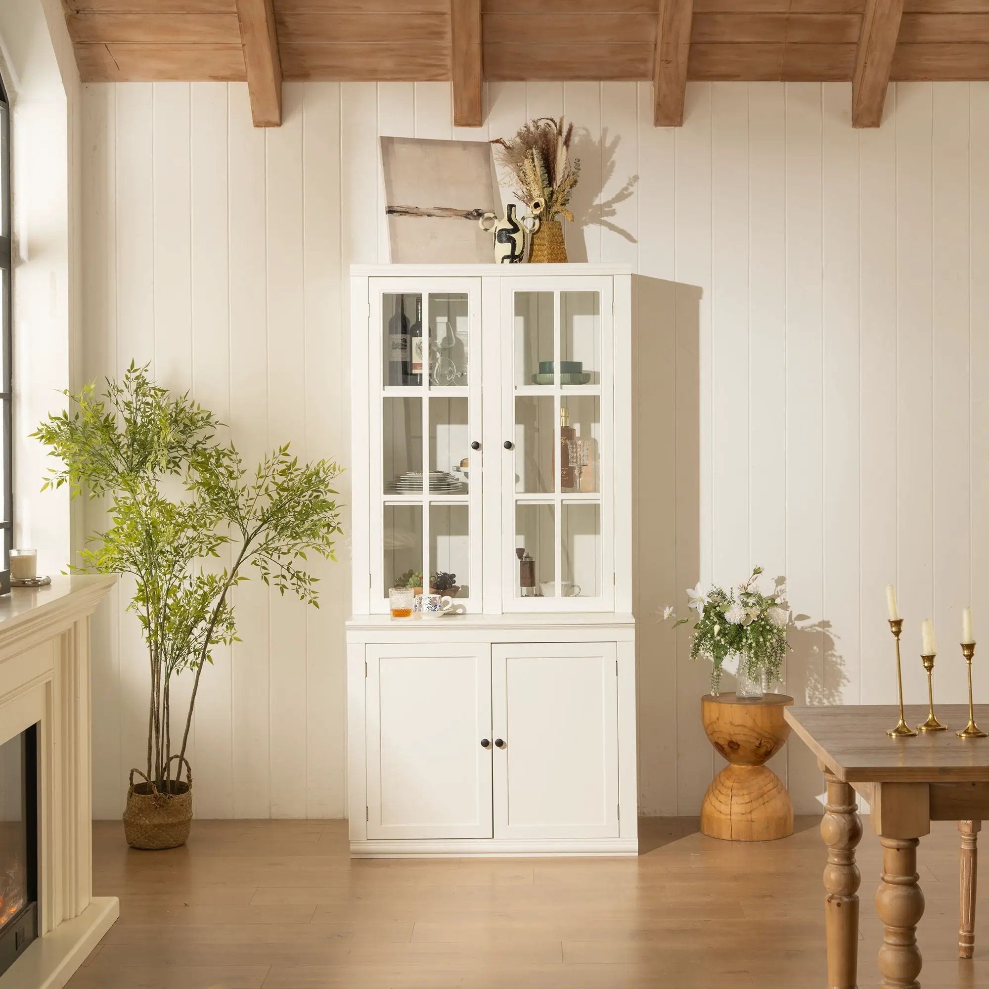 Retro Style Hutch Cabinet With Glass Door, China Cabinet For Home by Unique Piece Furniture