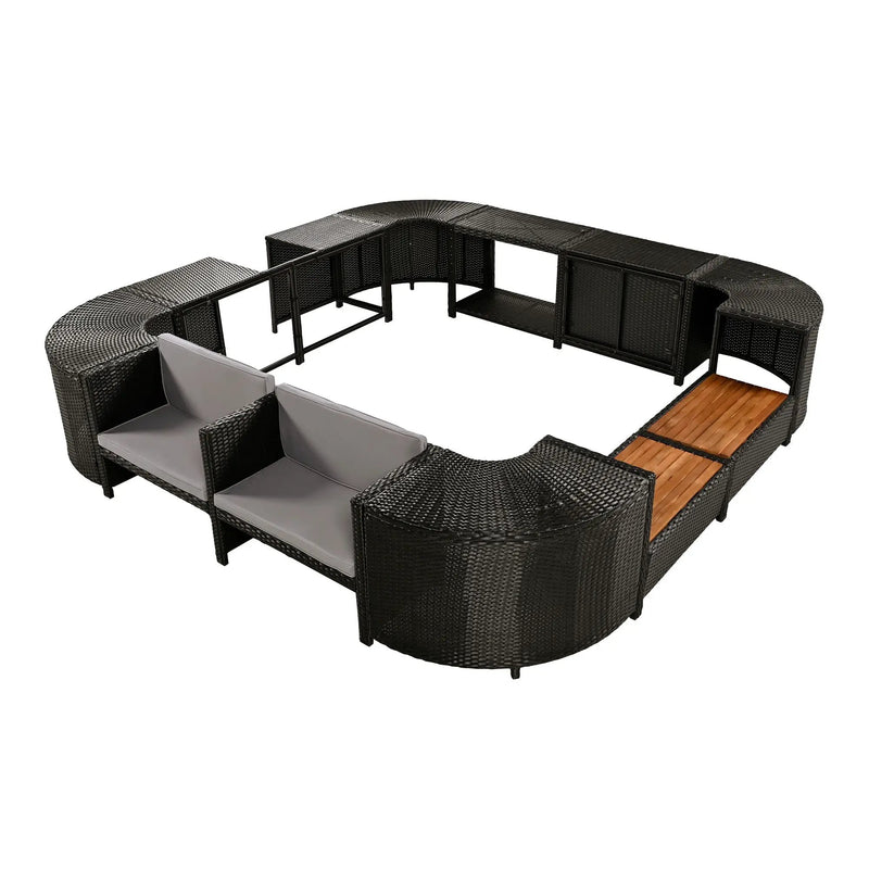 Spa Surround Spa Frame Quadrilateral Outdoor Rattan Sectional Sofa Set With Mini Sofa, Wooden Seats And Storage Spaces by HouseOfZazla