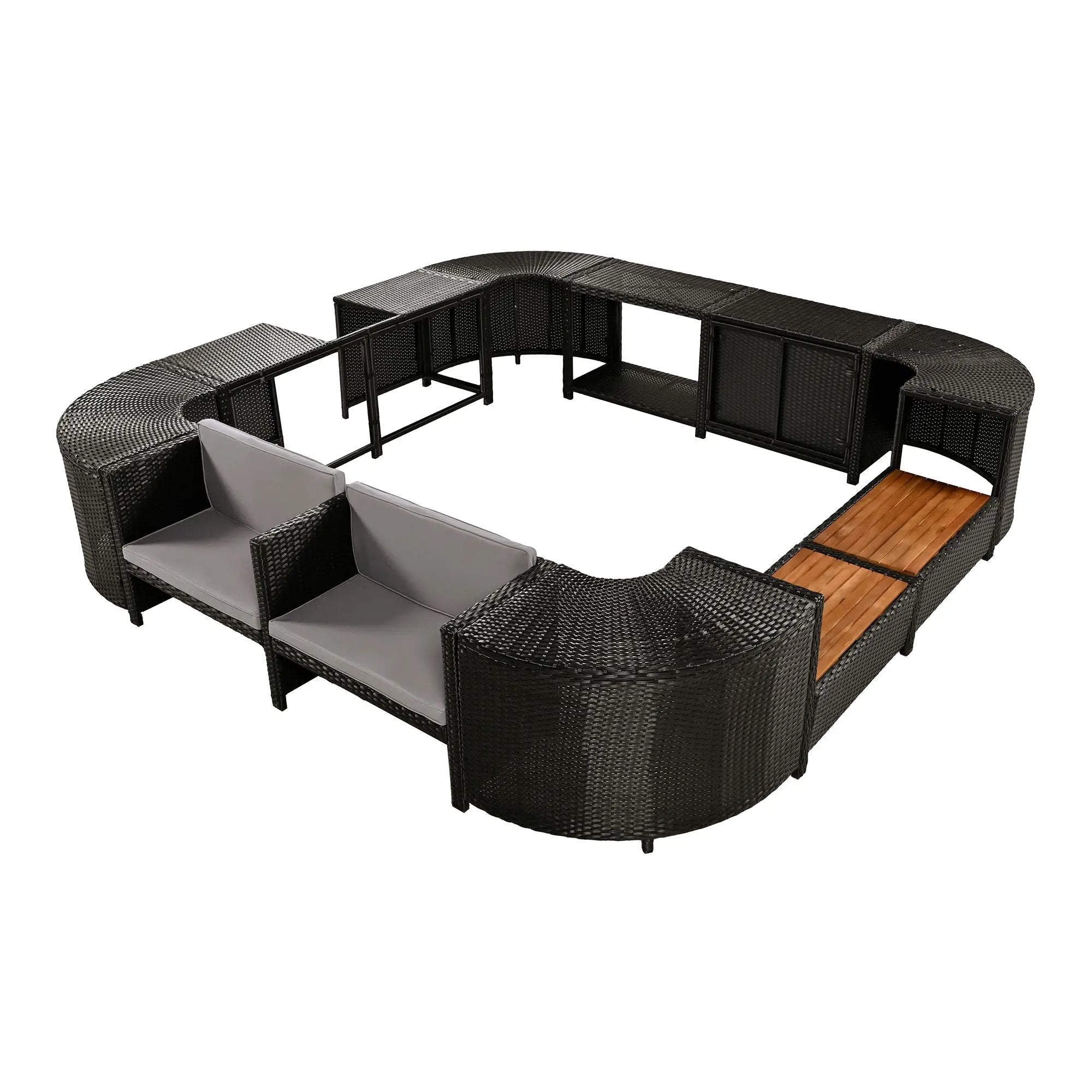 Spa Surround Spa Frame Quadrilateral Outdoor Rattan Sectional Sofa Set With Mini Sofa, Wooden Seats And Storage Spaces by HouseOfZazla