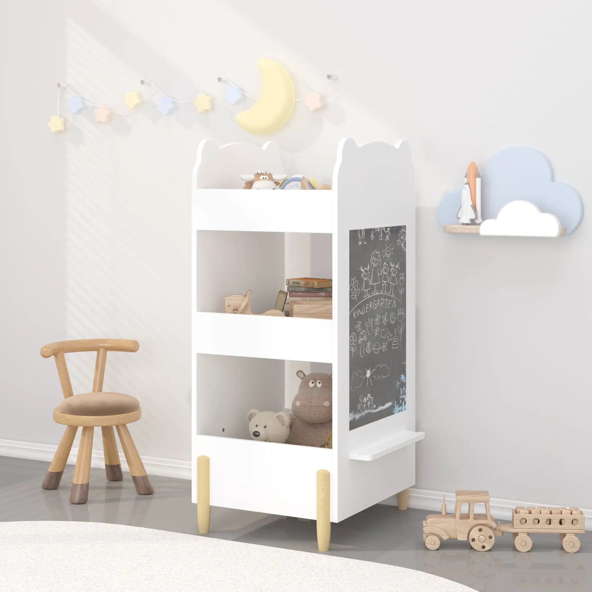 Bear Shaped Bookshelf With Chalkboard Side, 3 Tier Storage Organizer For Playroom - White by Unique Piece Furniture
