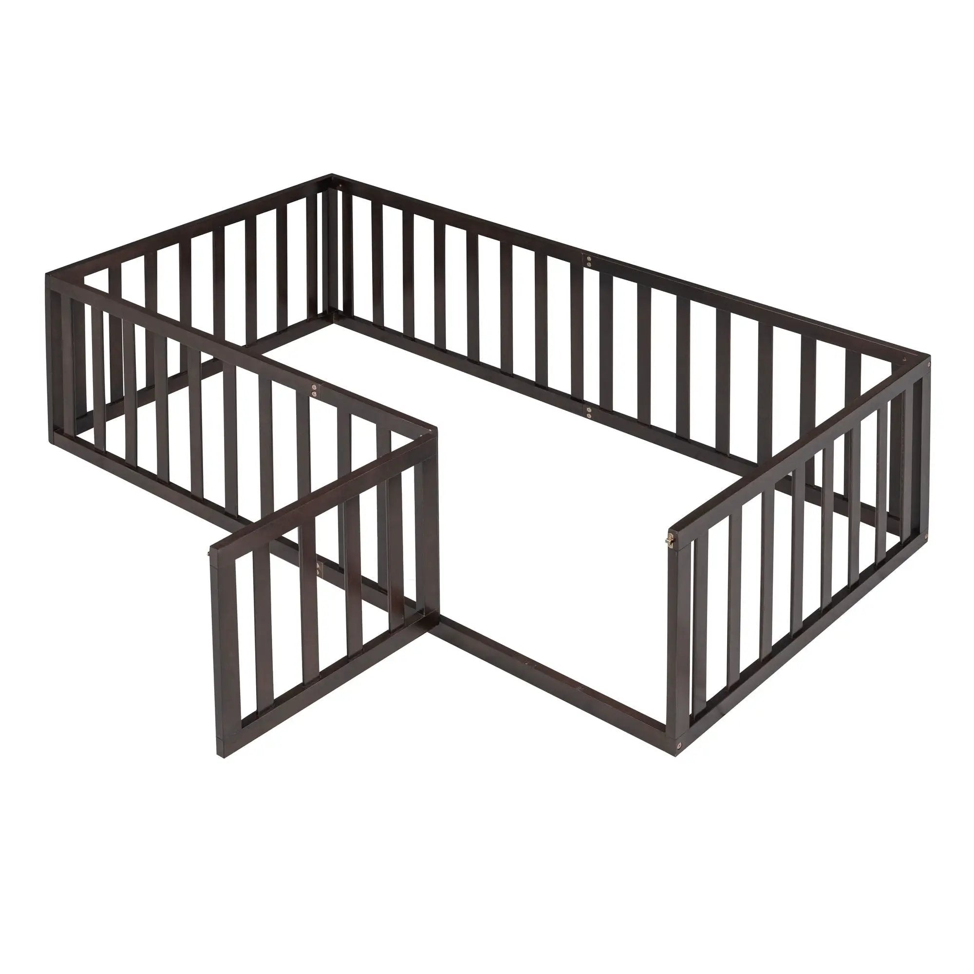 Twin Size Floor Bed Frame With Fence And Door - Walnut by HouseOfZazla