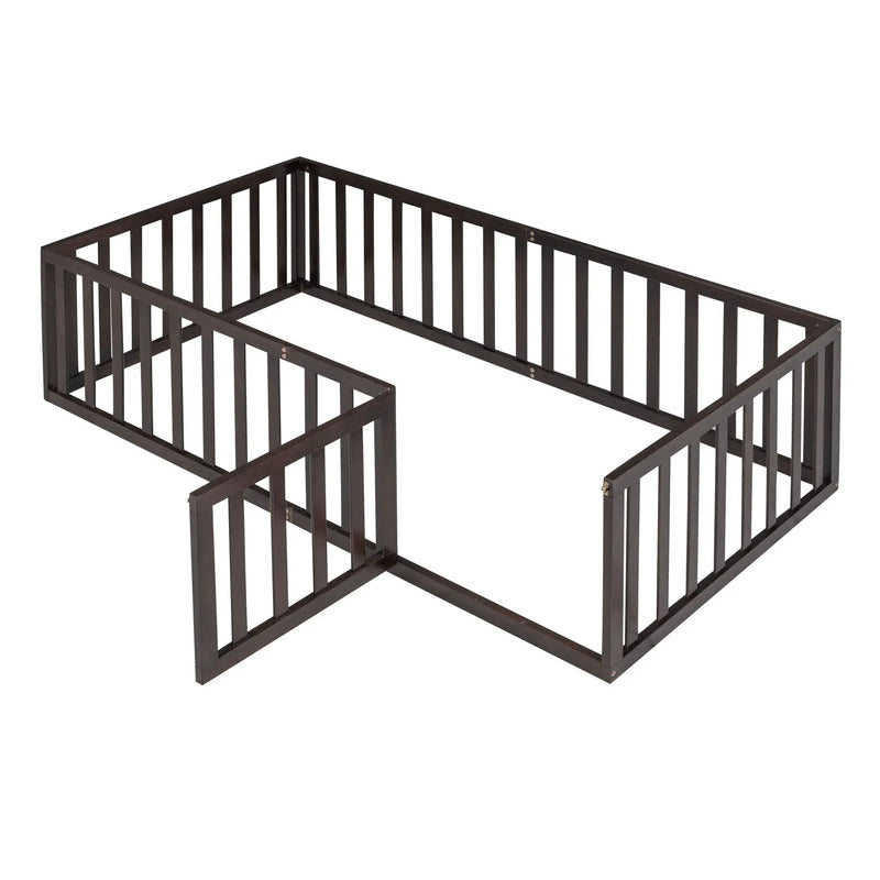Twin Size Floor Bed Frame With Fence And Door - Walnut by HouseOfZazla