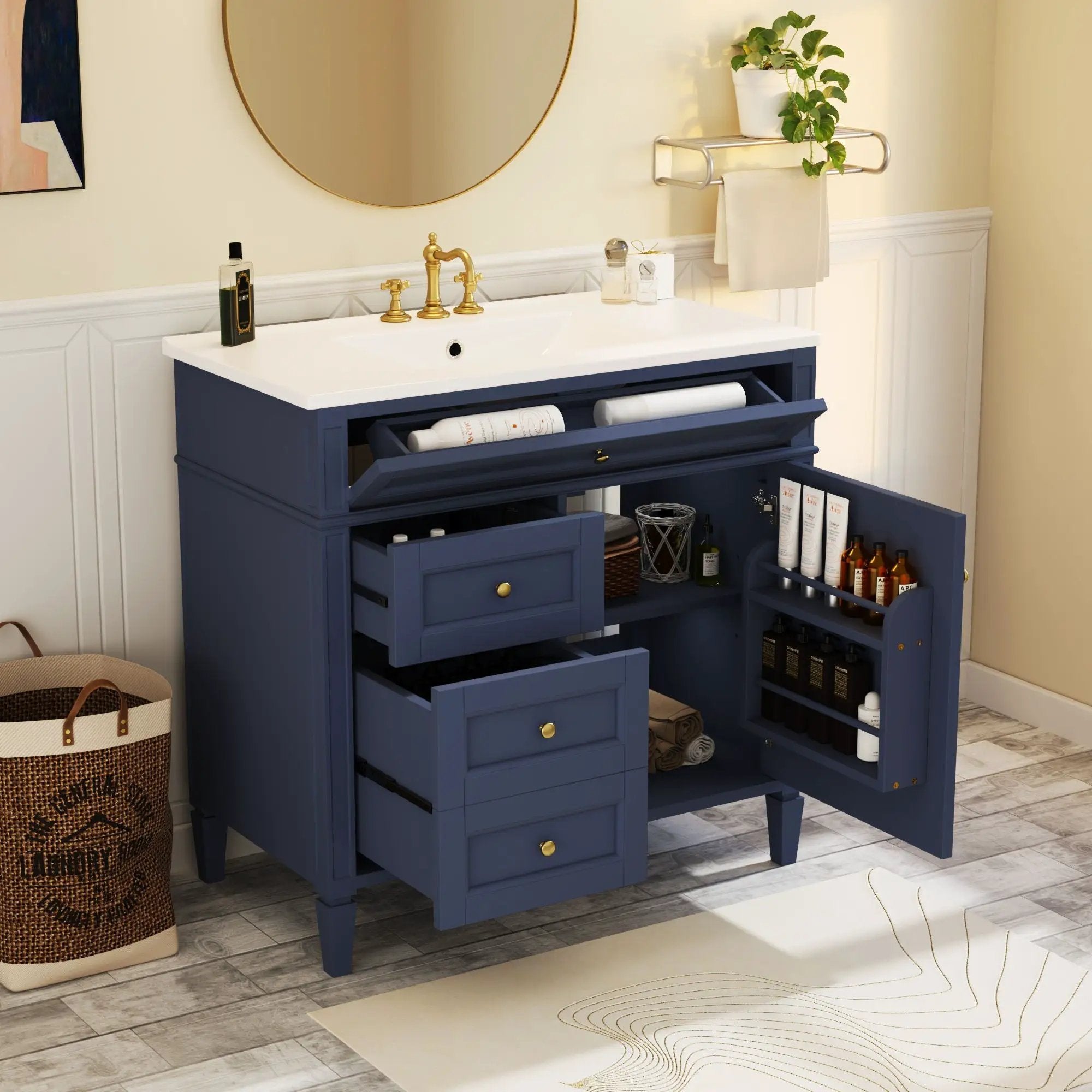 Bathroom Vanity With Top Sink, Modern Bathroom Storage Cabinet, 2 Drawers And A Tip-Out Drawer, Single Sink Bathroom Vanity - Blue by Unique Piece Furniture
