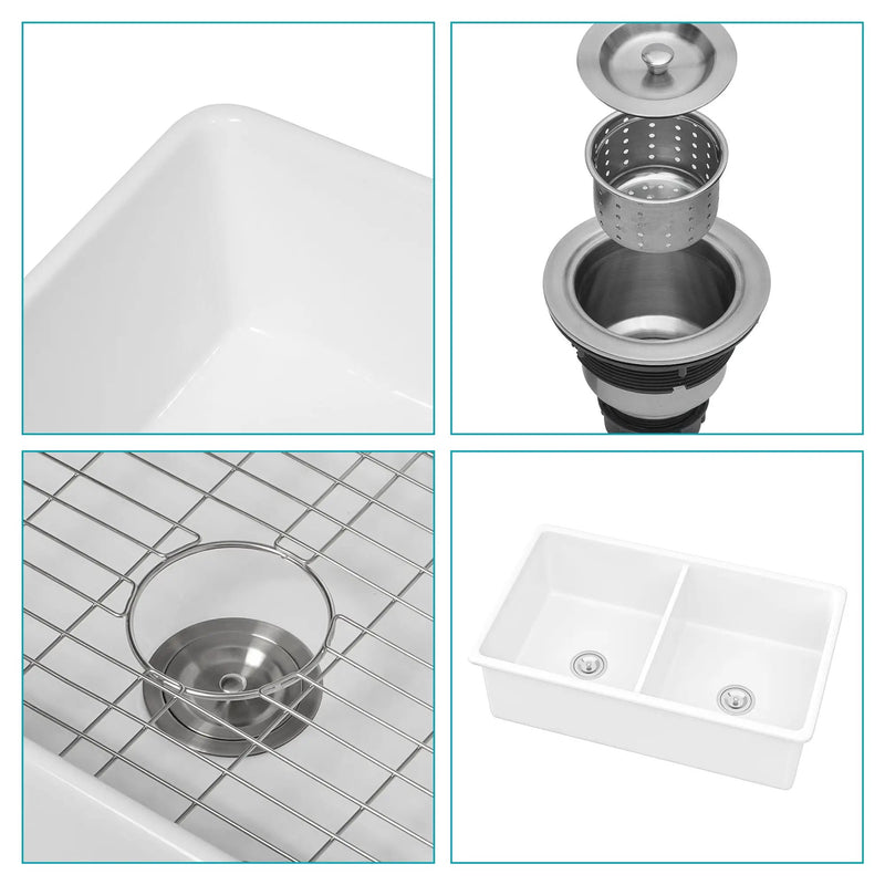 Elegant Dual Mount 32" Undermount Double Bowl Ceramic Kitchen Sink - White by HouseOfZazla