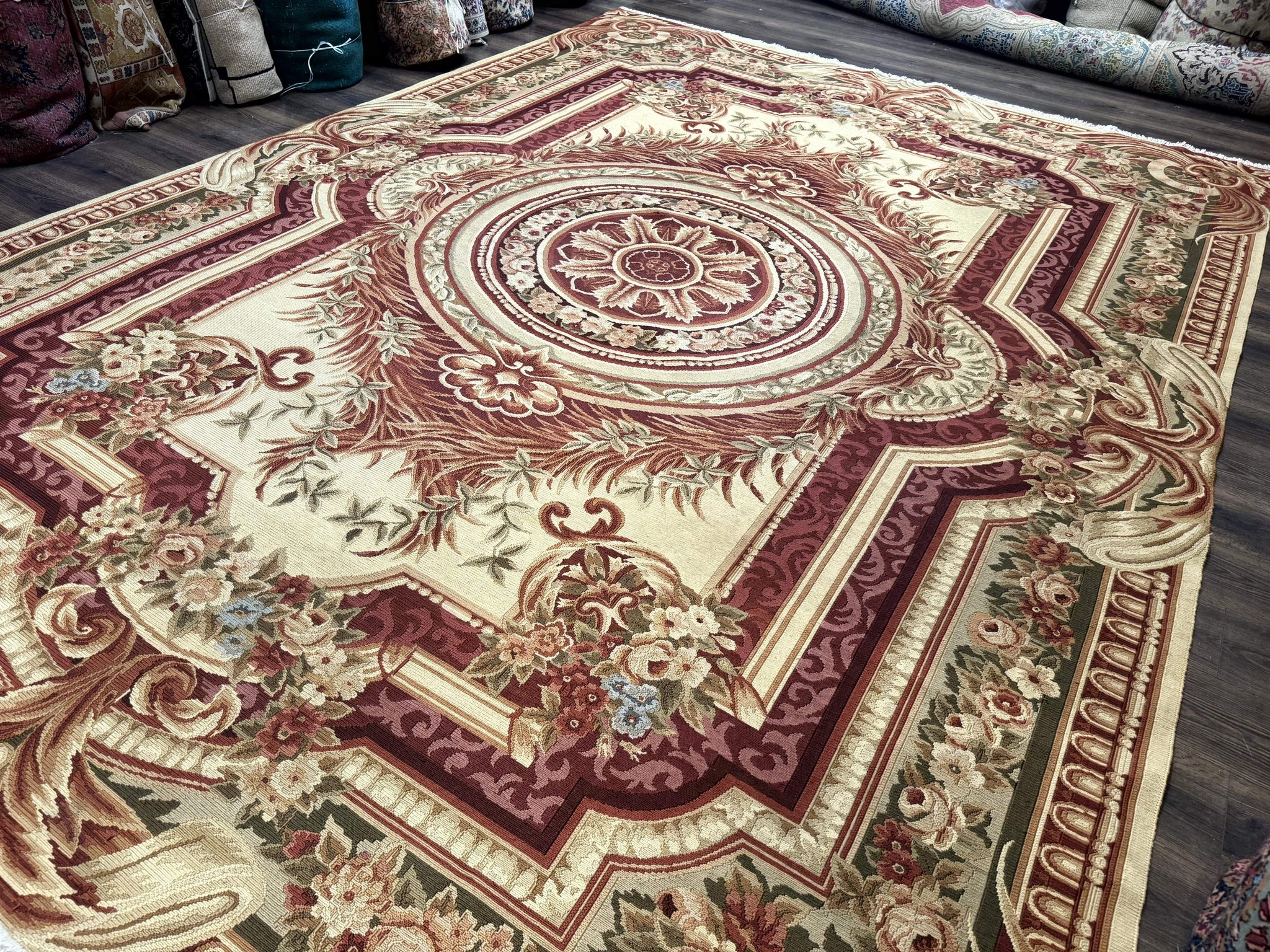 Large Aubusson Rug 10x13, Thick Flatweave Carpet, Elegant European Design, Cream and Raspberry by Jewel Rugs