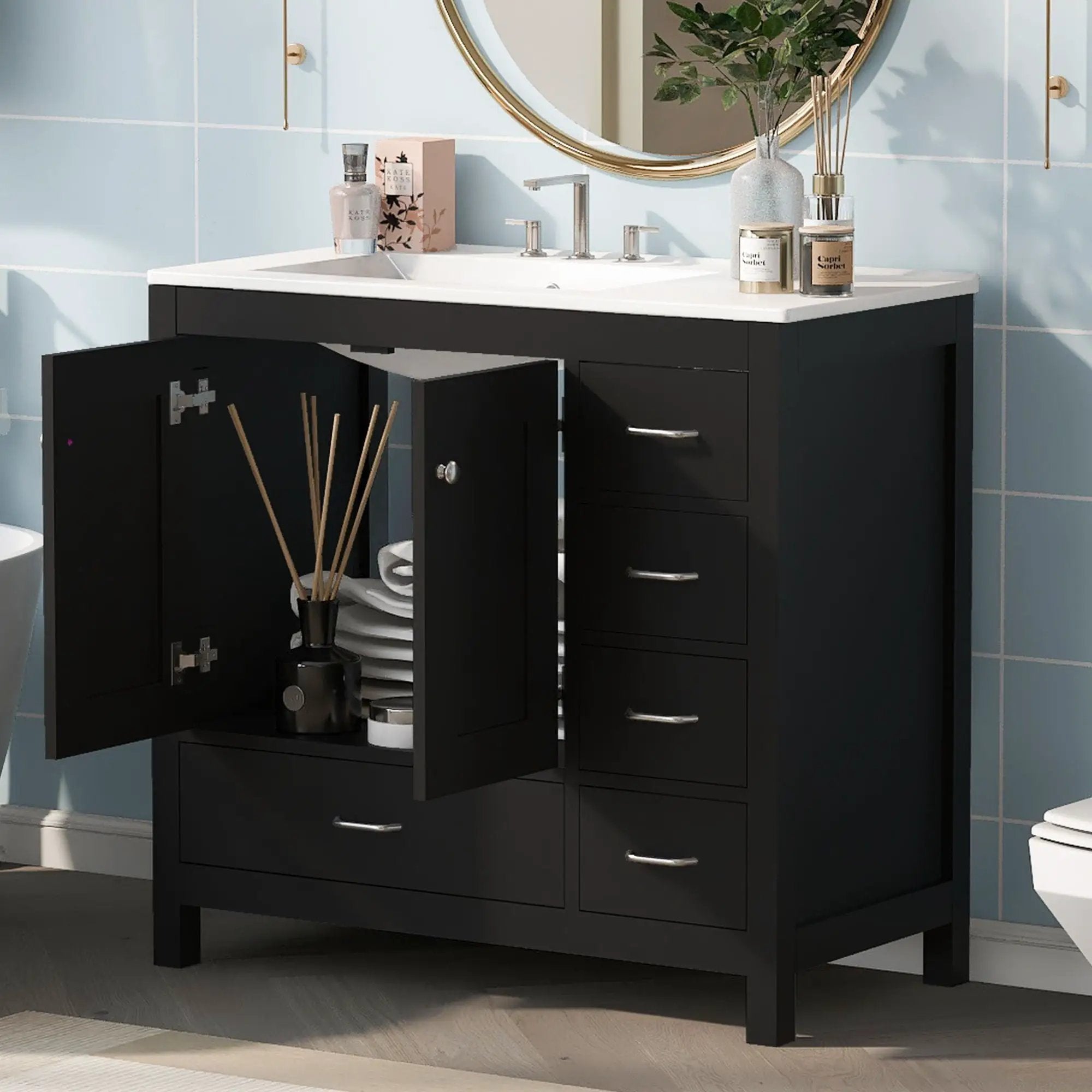 Bathroom Vanity With Ceramic Sink Combo, Abundant Storage Cabinet 2 Soft Close Doors And 5 Drawers by HouseOfZazla