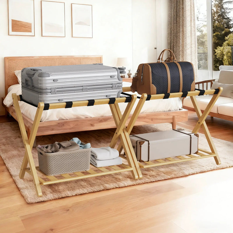 Folding Bamboo Luggage Rack with Lower Storage Shelf by HouseOfZazla