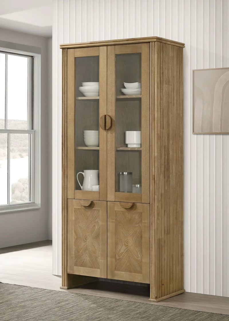 Adina 77-inch Tall Display Cabinet Distressed Light Brown by Unique Piece Furniture