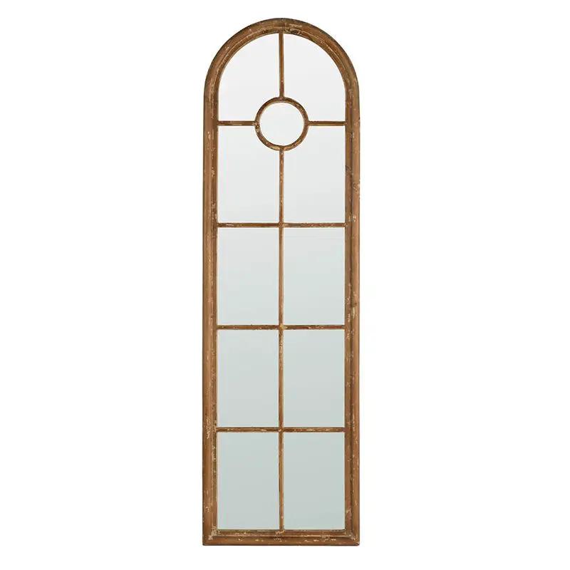 Half Round Elongated Mirror With Decorative Window Look Classic Architecture Style Solid Fir Wood Interior Decor - Brown by HouseOfZazla