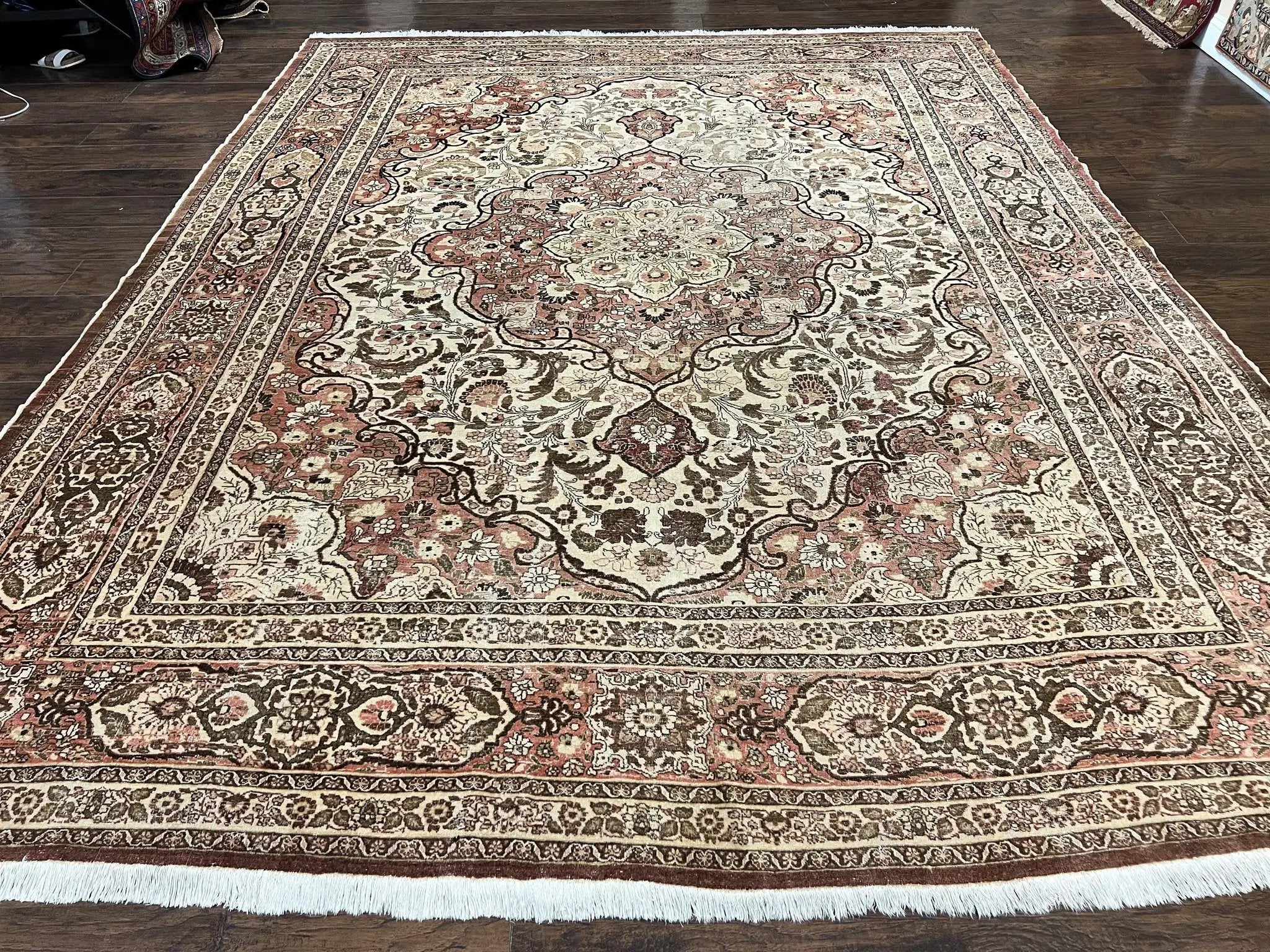 Antique Persian Tabriz Rug 10x12, Wool Hand Knotted Oriental Carpet, Beige Light Red, Floral Medallion by Jewel Rugs