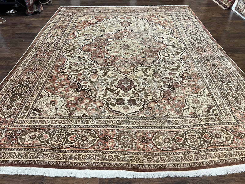 Antique Persian Tabriz Rug 10x12, Wool Hand Knotted Oriental Carpet, Beige Light Red, Floral Medallion by Jewel Rugs