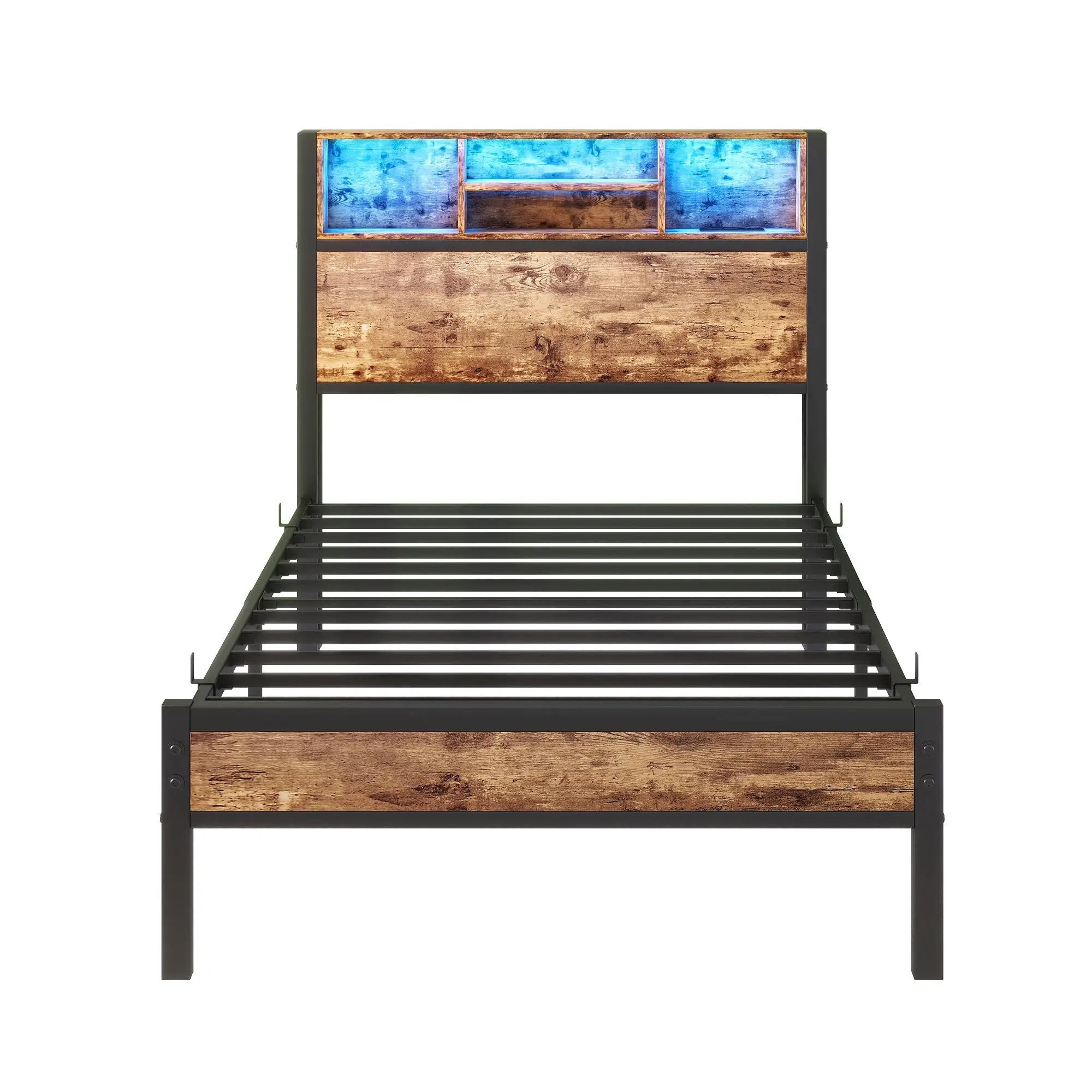 Modern Twin Size Metal Platform Bed Frame With Storage Headboard And Charging Station - Brown by HouseOfZazla
