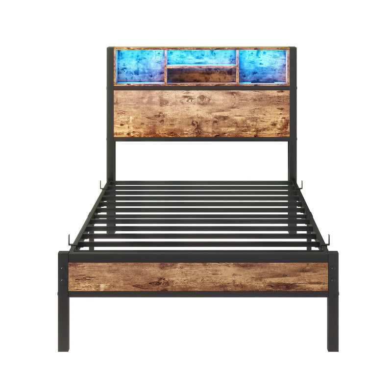 Modern Twin Size Metal Platform Bed Frame With Storage Headboard And Charging Station - Brown by HouseOfZazla