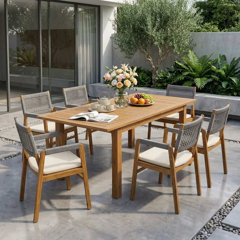 Outdoor 7 Pieces Rustic Patio Acacia Expandable Dining Set with Cushions by HouseOfZazla