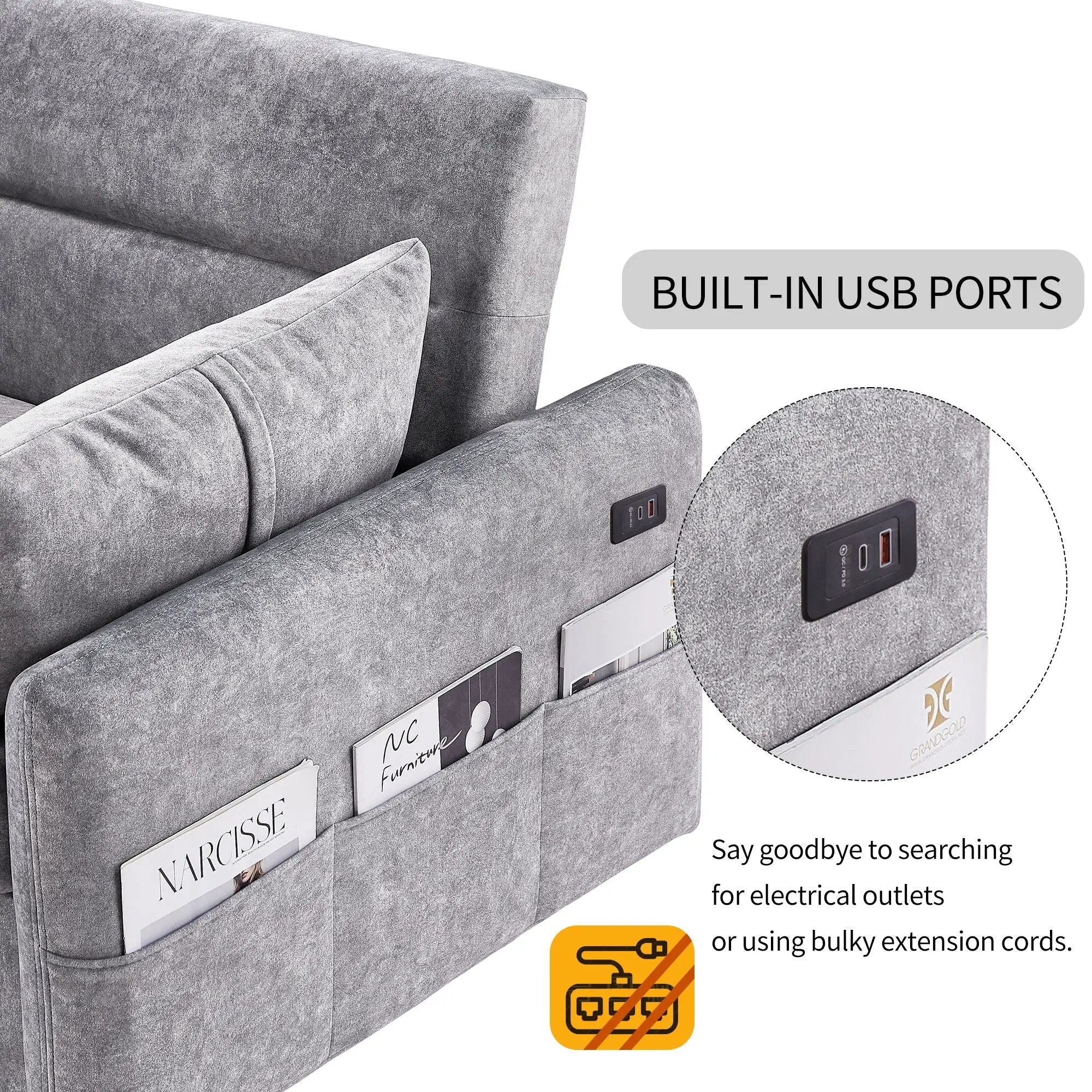 Pull Out Sleep Sofa Bed Loveseats Sofa Couch With Adjsutable Backrest, Storage Pockets, 2 Soft Pillows, USB Ports For Living Room, Bedroom, Apartment, Office by Unique Piece Furniture