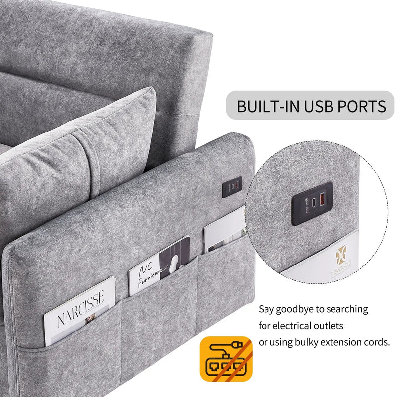 Pull Out Sleep Sofa Bed Loveseats Sofa Couch With Adjsutable Backrest, Storage Pockets, 2 Soft Pillows, USB Ports For Living Room, Bedroom, Apartment, Office by Unique Piece Furniture