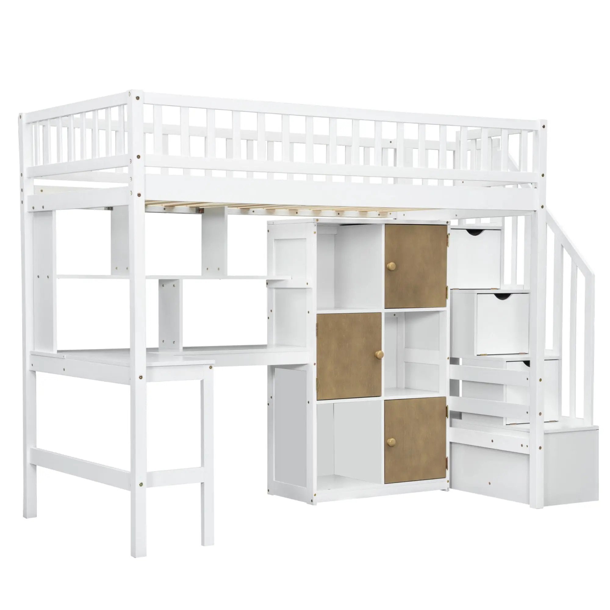 Loft Bed With Built In L Shaped Desk, LED Lights, Storage Shelves, Cabinets, And Staircase by HouseOfZazla