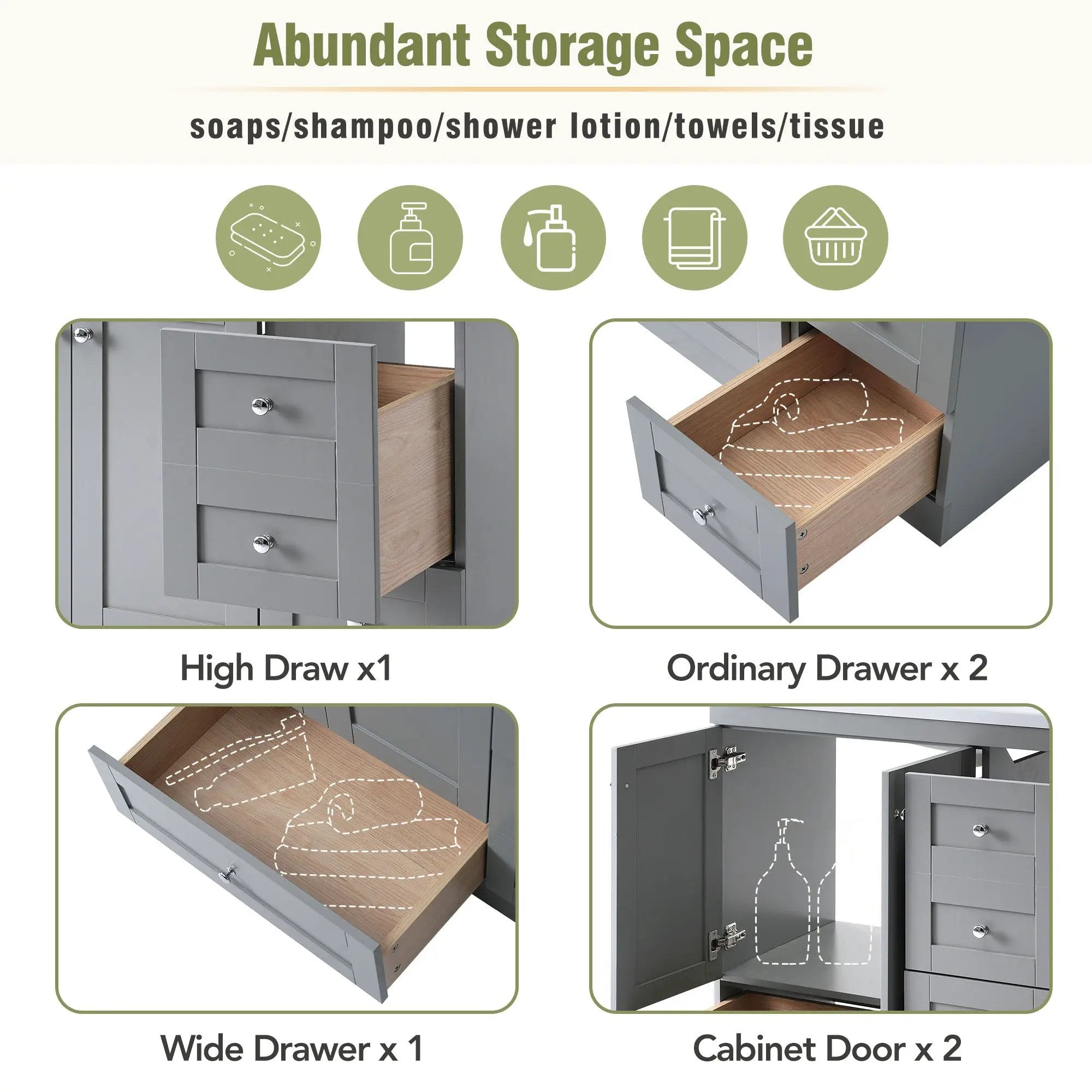 Shaker Free Standing Bathroom Vanity Cabinet With Sink, Soft Close Drawers, Soft Close Doors by HouseOfZazla