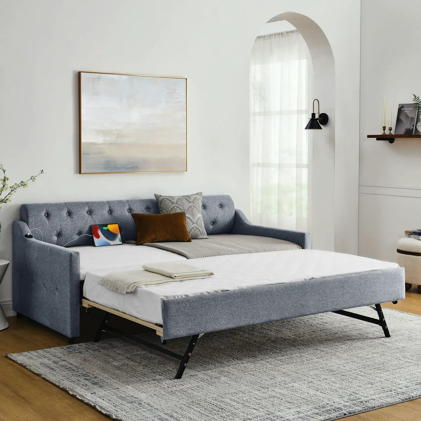 Size Upholstered Daybed With Trundle And USB Charging Armrest by HouseOfZazla